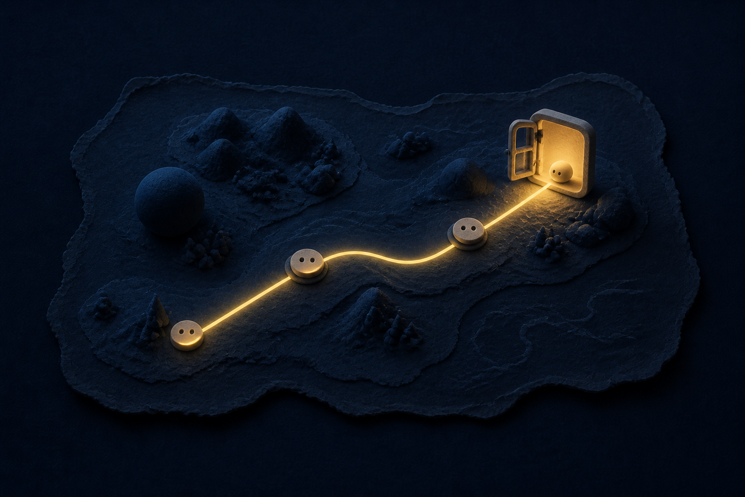 A tactile night map with three stone waypoints and one glowing route