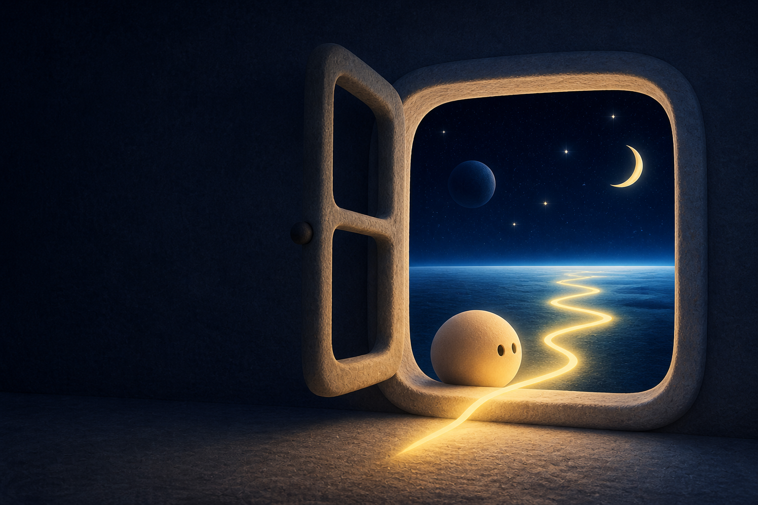 An open night window, moon character and glowing route
